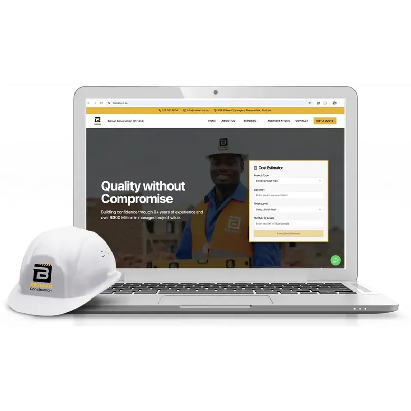 Brimah Construction website on a laptop, designed by Mansa Digital