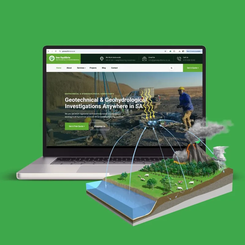 Geo Equilibria website on a laptop, designed by Mansa Digital