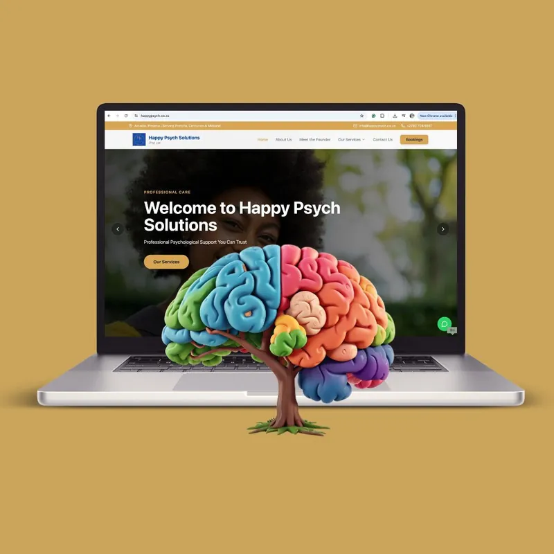 Happy Psych Solutions website on a laptop, designed by Mansa Digital
