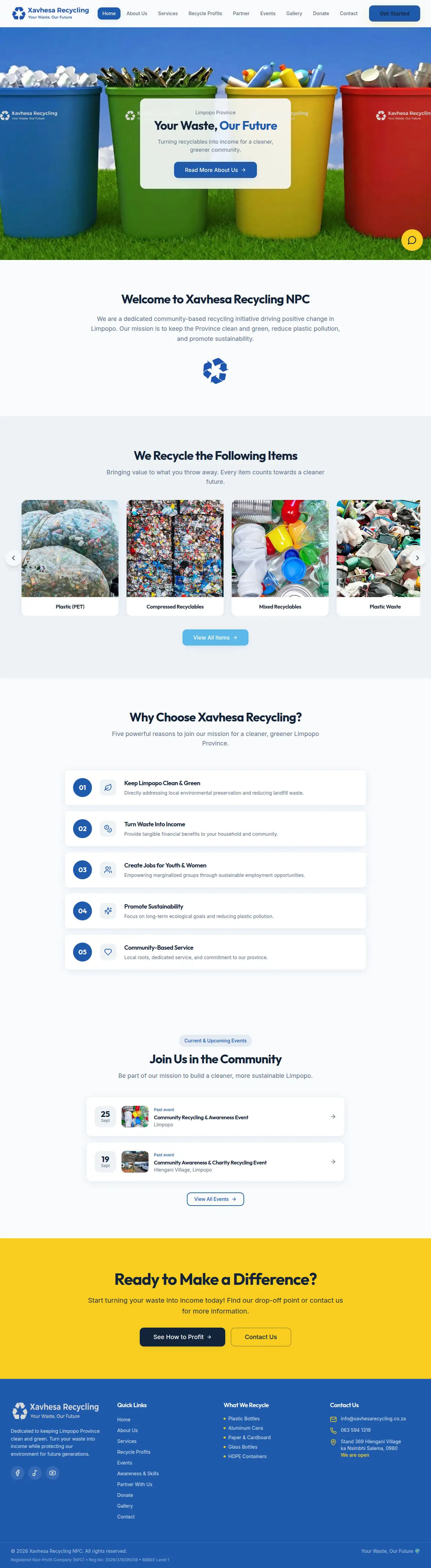 Xavhesa Recycling NPC website designed by Mansa Digital